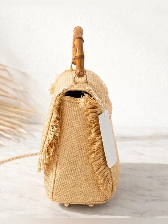 Tommy Bahama Bamboo Handle Raffia Fringe Crossbody Bag Luxe Resort Boho Beach - Picture 4 of 10